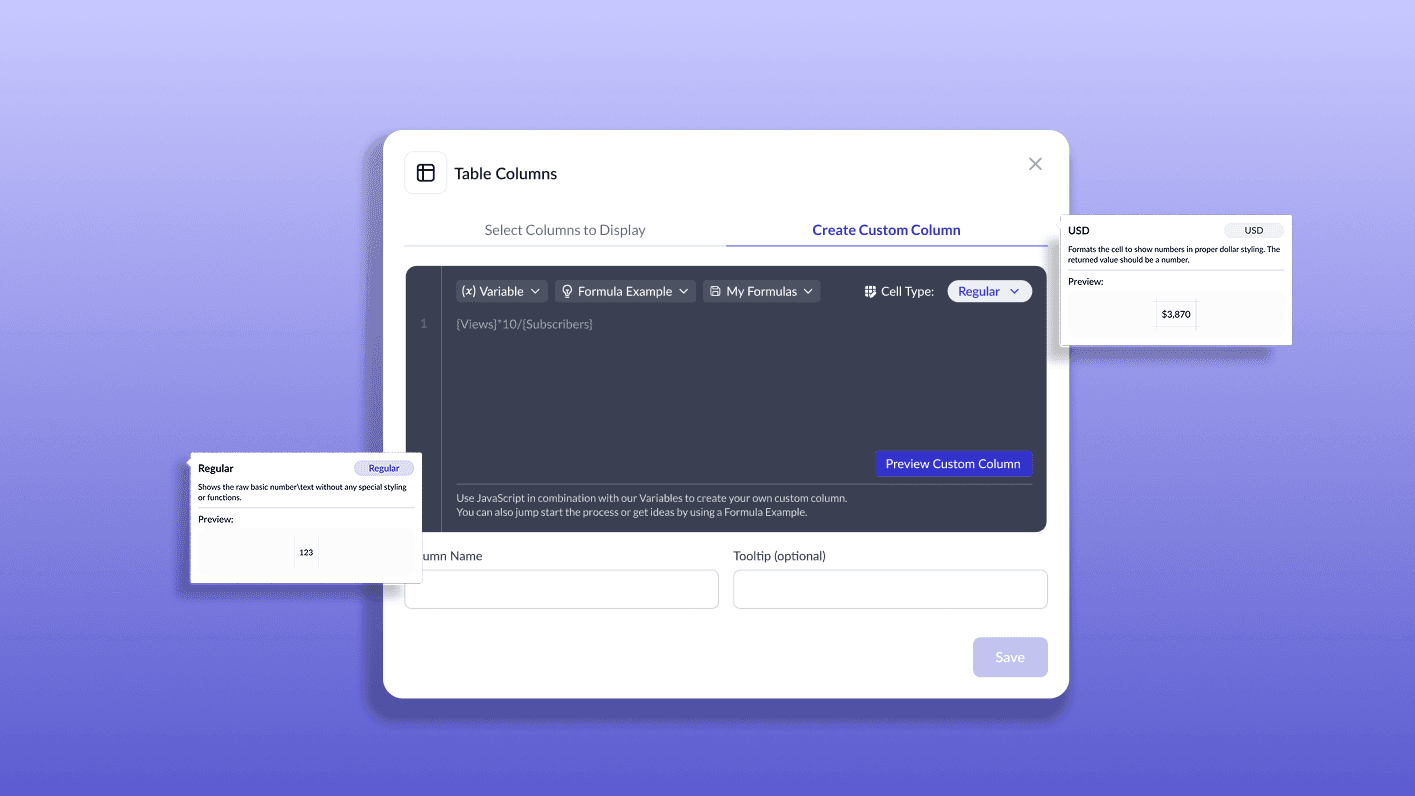 ThoughtLeaders custom column editor with JavaScript formula variables and cell-type previews