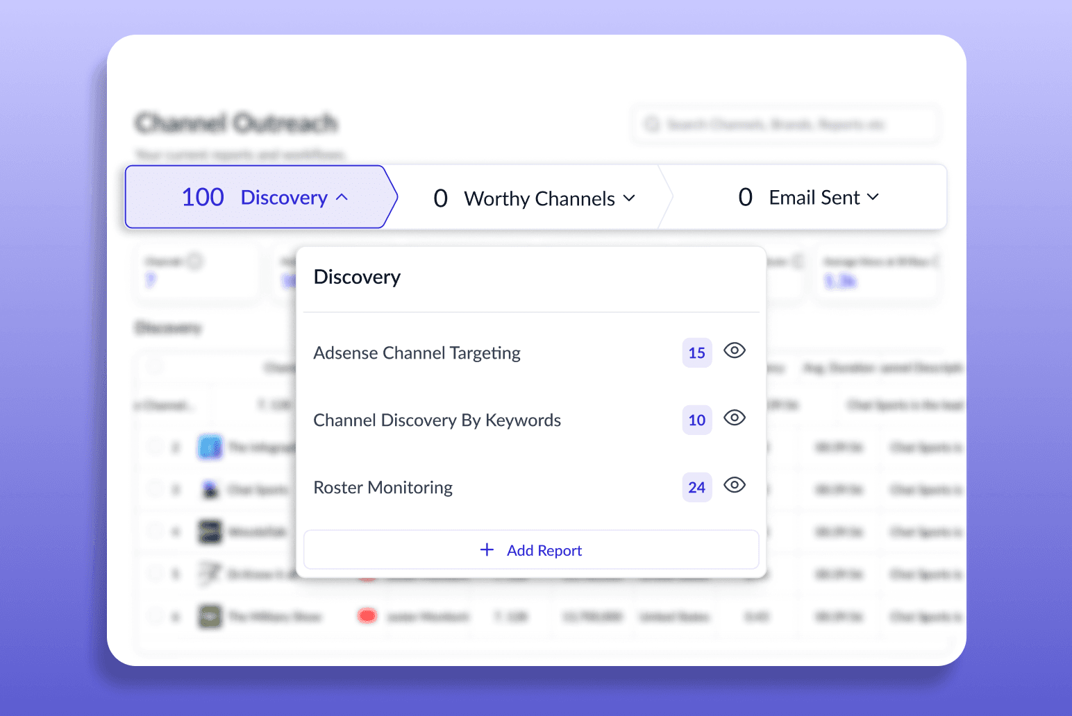 Discovery stage showing several saved reports feeding into one channel outreach workflow
